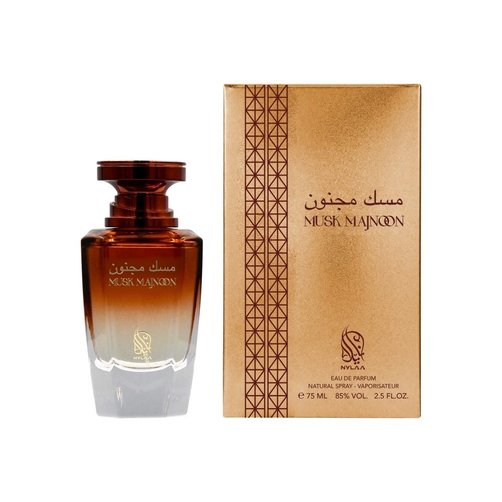A brown & white perfume bottle with box from Nylaa by Savia Exclusive with white background