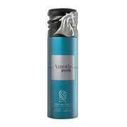 A blue body spray bottle with a black cap & white background by Savia Exclusive