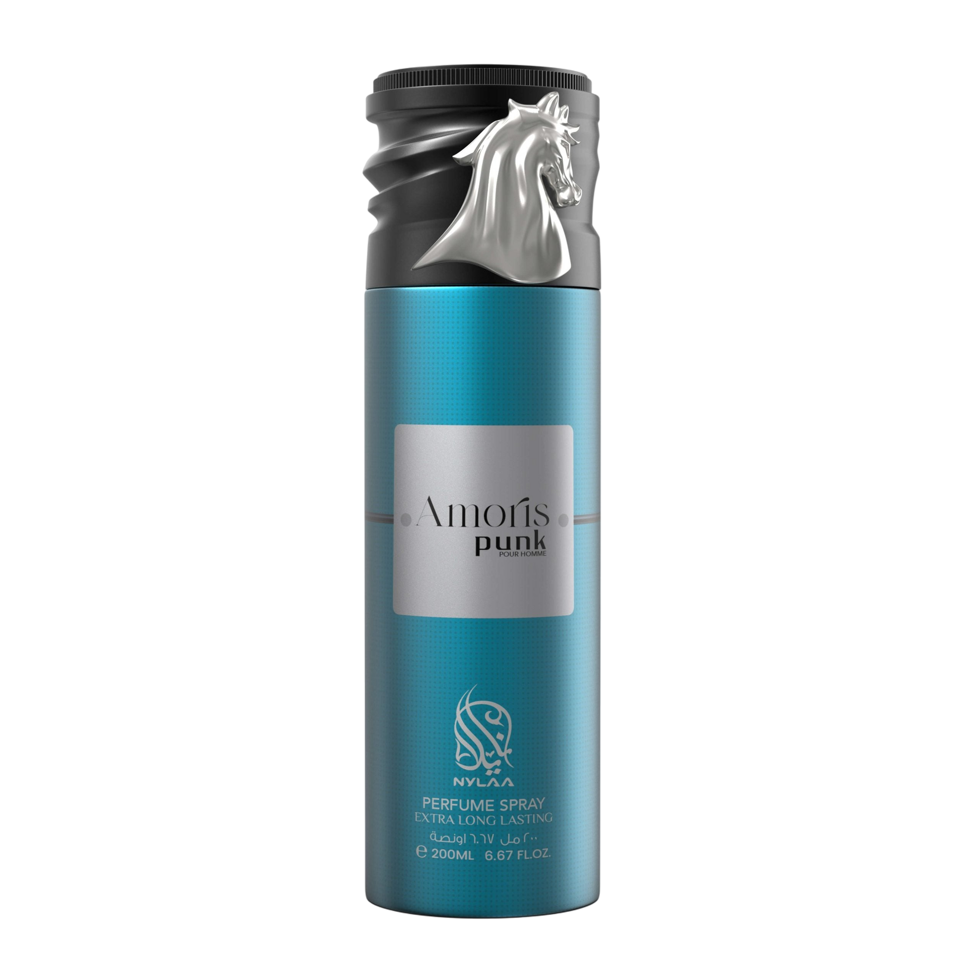 A blue body spray bottle with a black cap & white background by Savia Exclusive