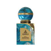 A blue & golden perfume bottle by Savia Exclusive with white background