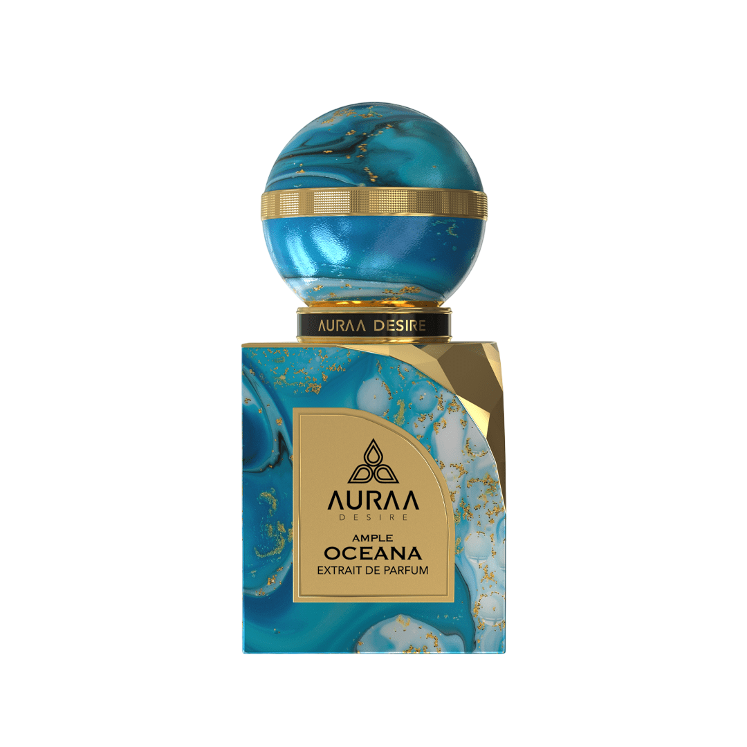 A blue & golden perfume bottle by Savia Exclusive with white background