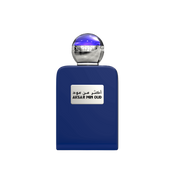 A blue perfume bottle by Savia Exclusive with white background