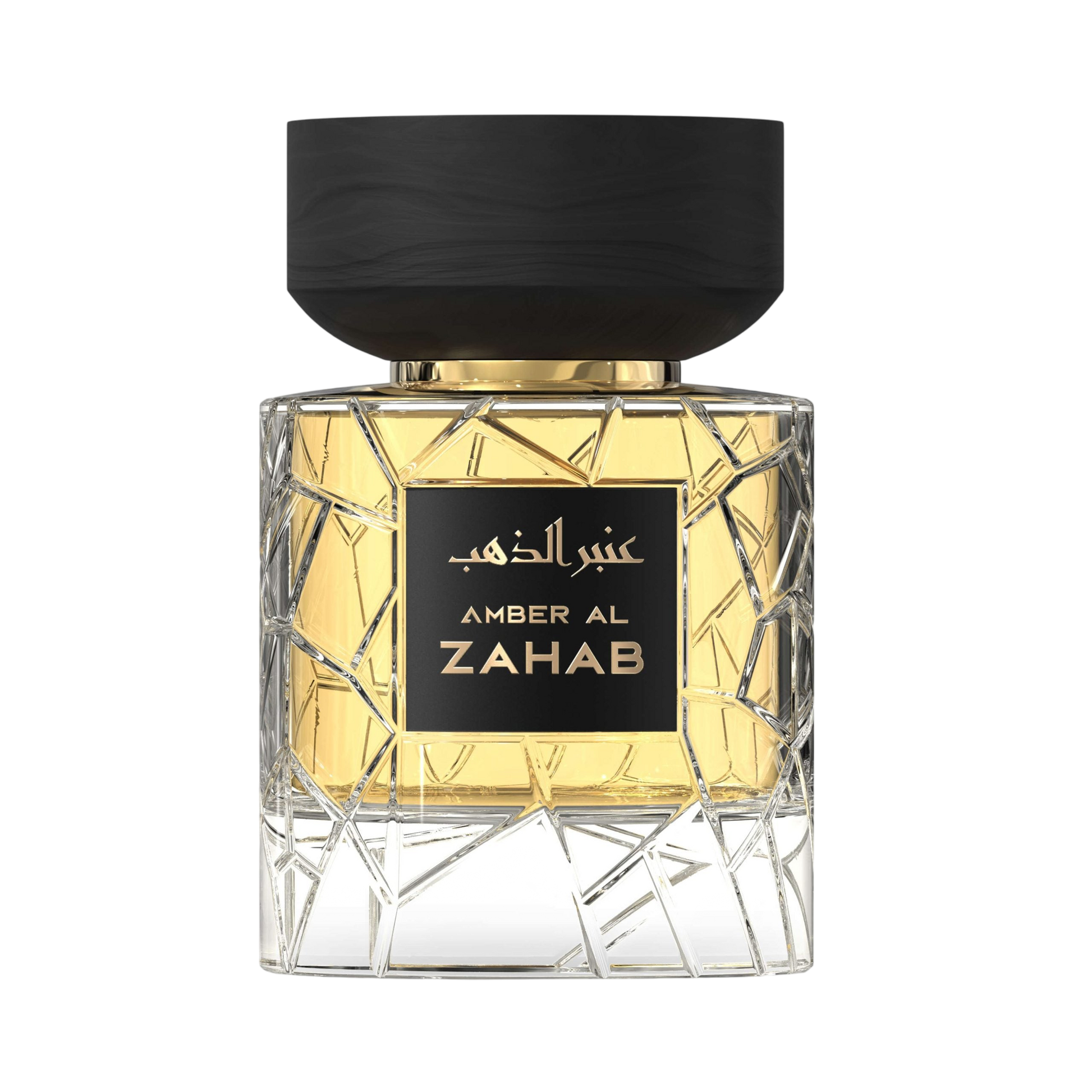 A transparent golden perfume bottle by Savia Exclusive with a black cap