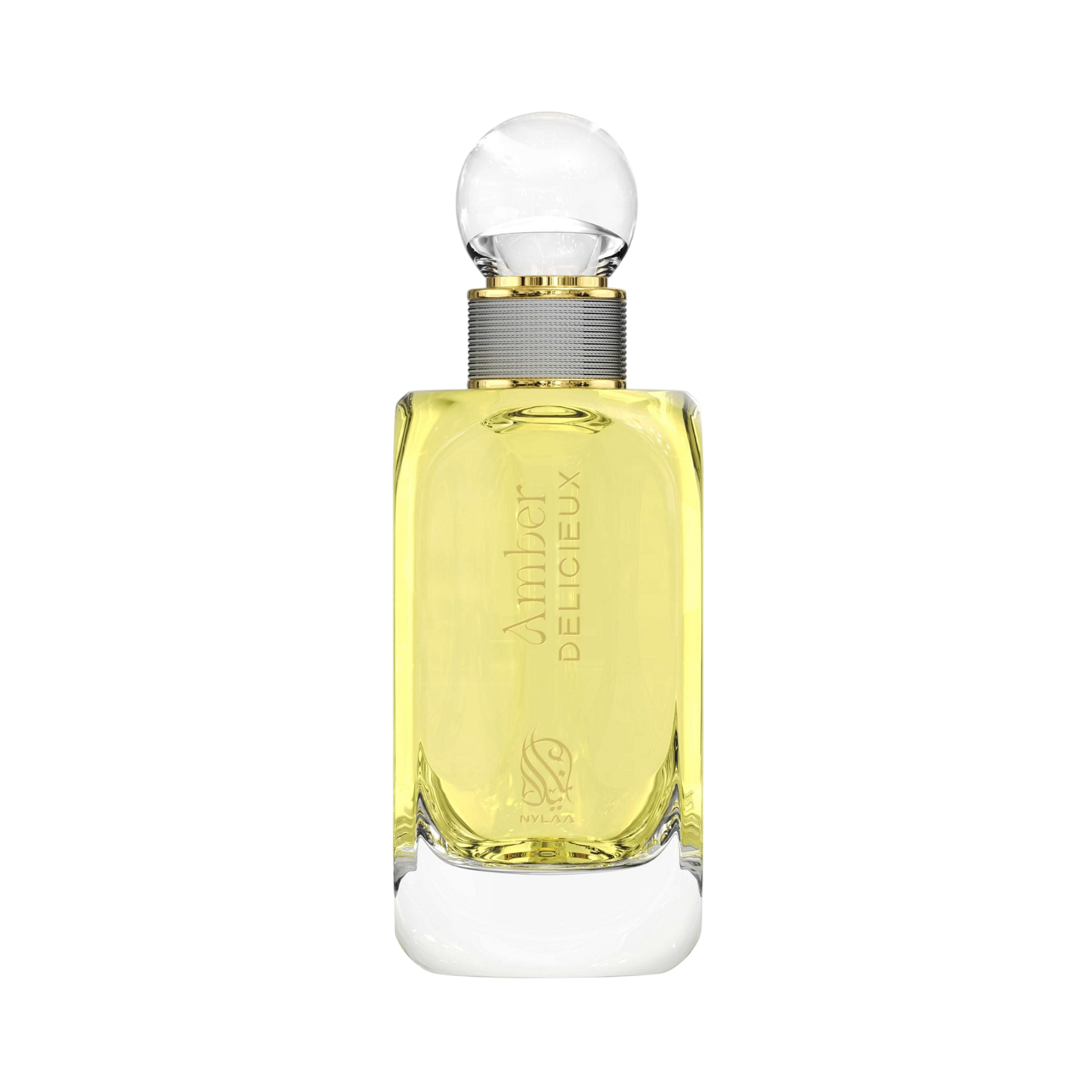 A light yellow perfume bottle by Savia Exclusive with a crystal cap