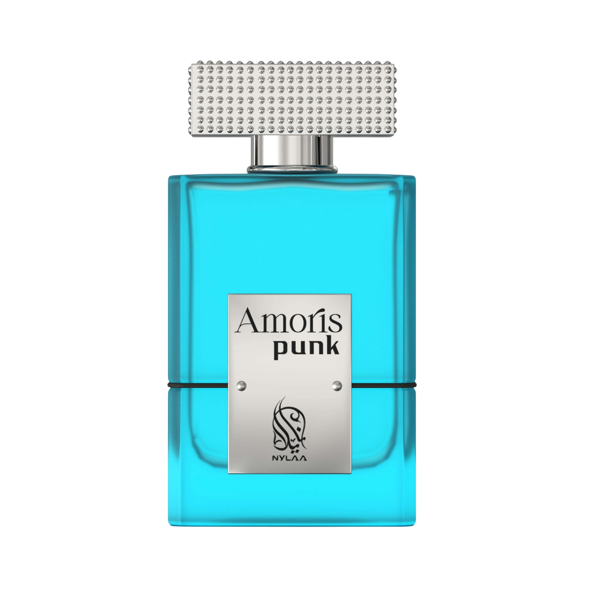 A light blue perfume bottle by Savia Exclusive with white background