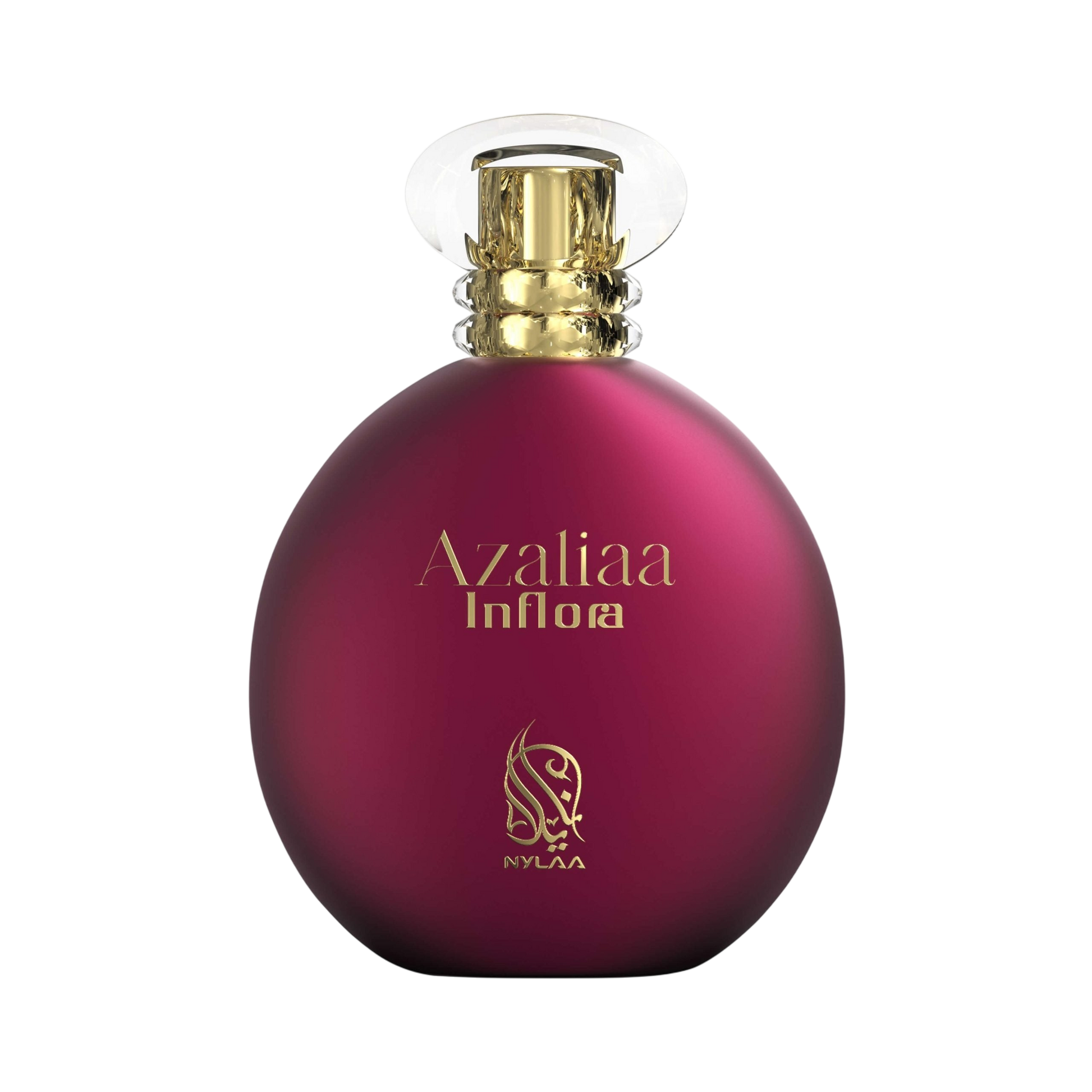 A round burgandy perfume bottle by Savia Exclusive with white background
