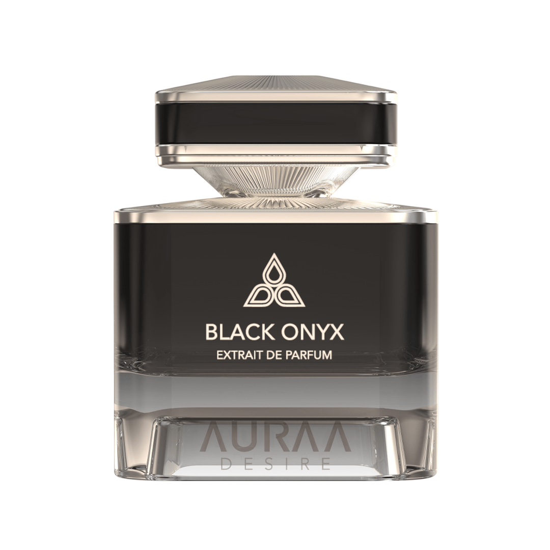 A black & silver perfume bottle by Savia Exclusive with white background