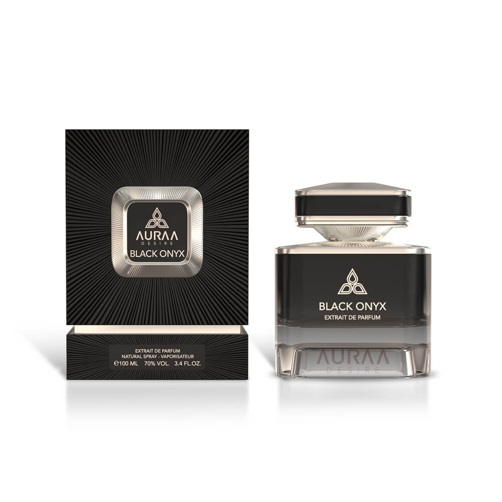 A black perfume bottle with box from Auraa Desire by Savia Exclusive