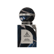 A dark blue & silver perfume bottle by Savia Exclusive with white background