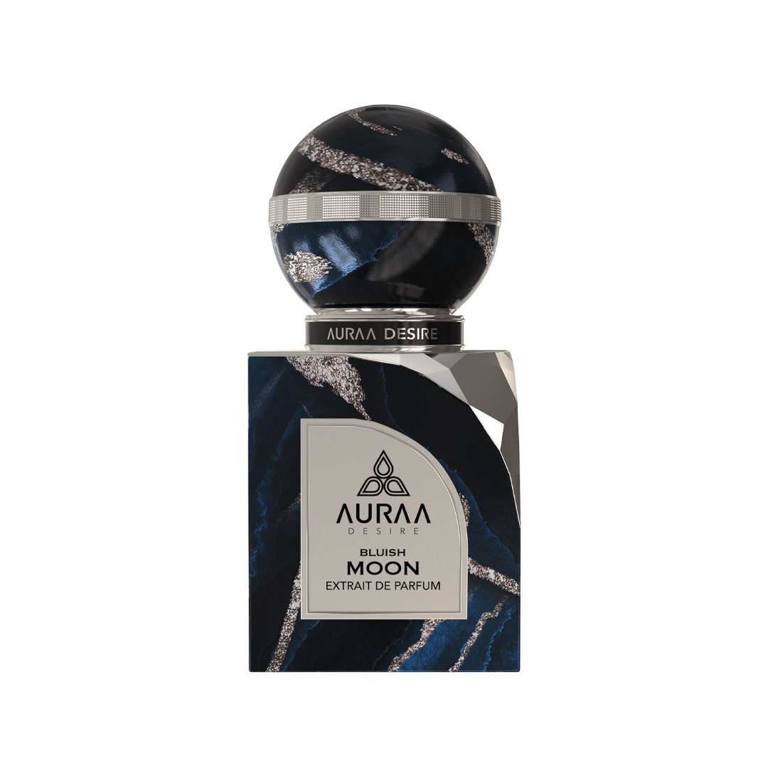 A dark blue & silver perfume bottle by Savia Exclusive with white background