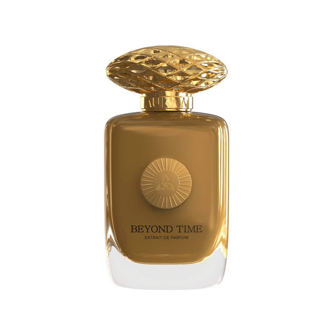 A light brown perfume bottle by Savia Exclusive with golden cap & white background