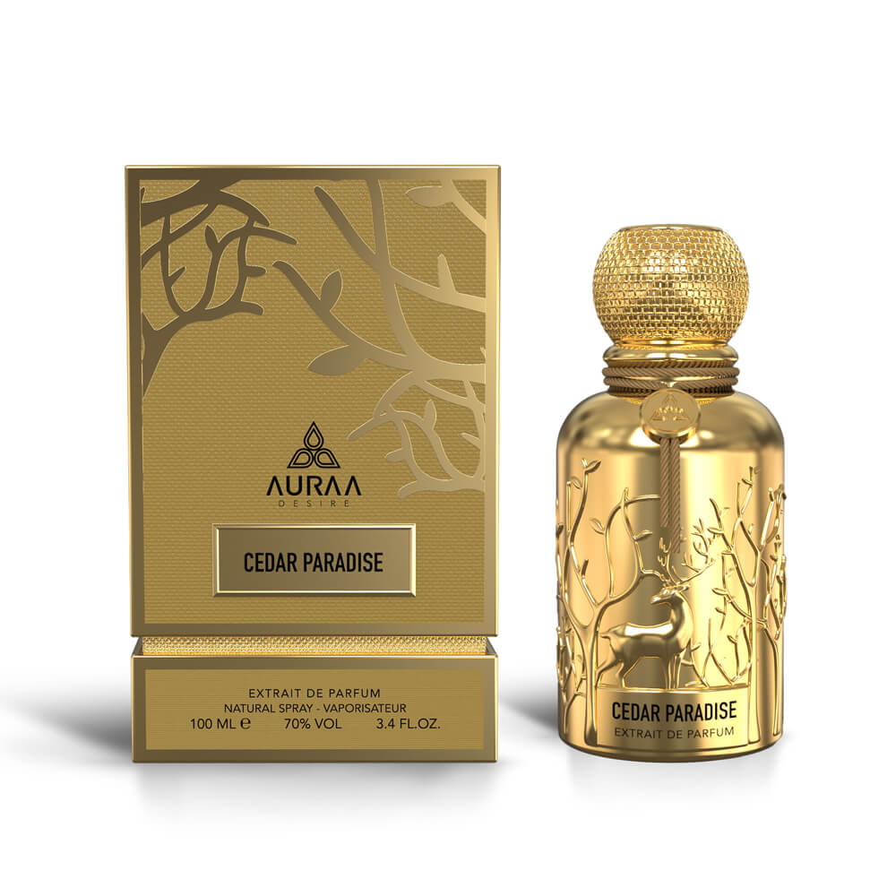 A golden inspired perfume bottle with box from Auraa Desire by Savia Exclusive