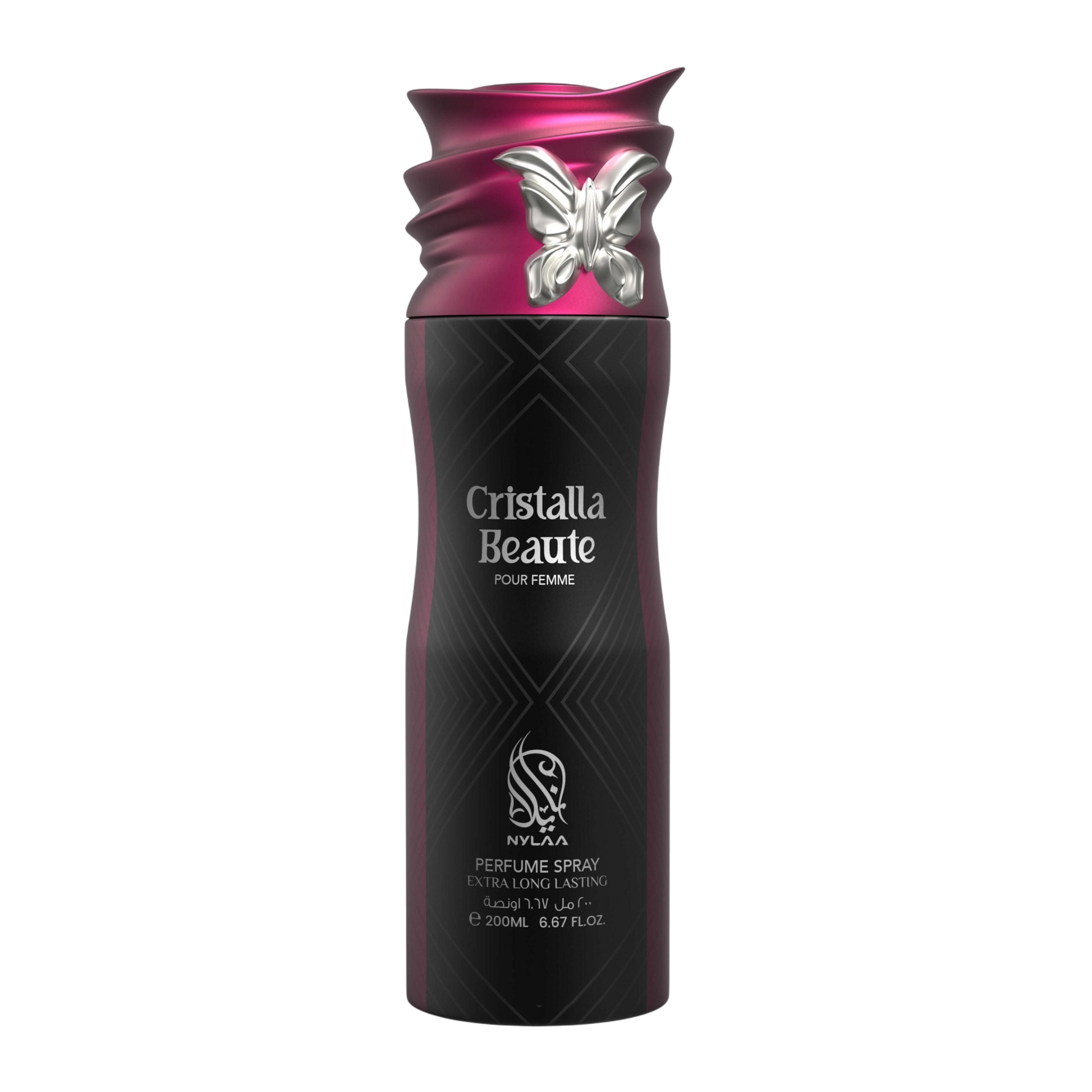 A black & pink body spray bottle with a white background by Savia Exclusive
