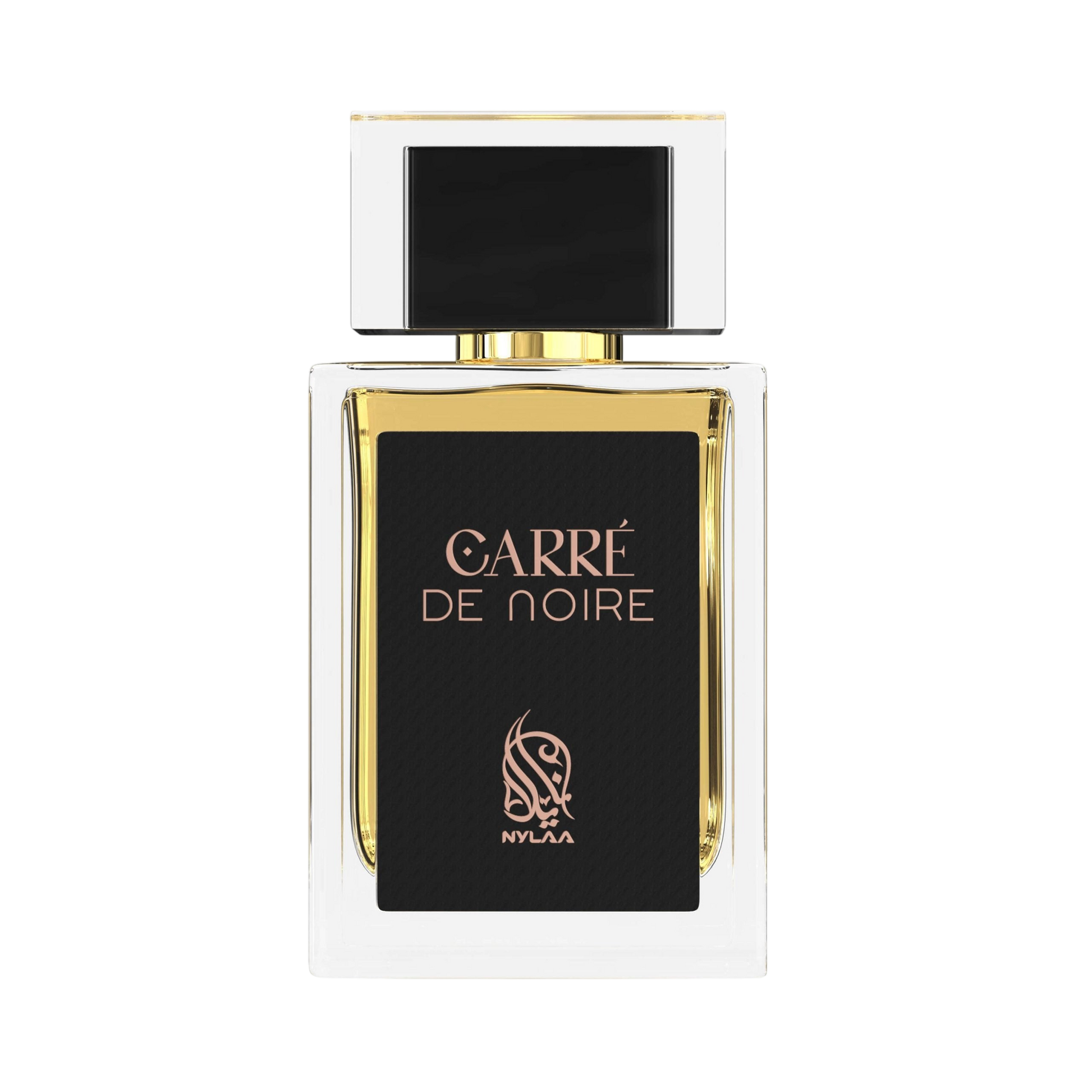 A black & golden perfume bottle by Savia Exclusive with white background