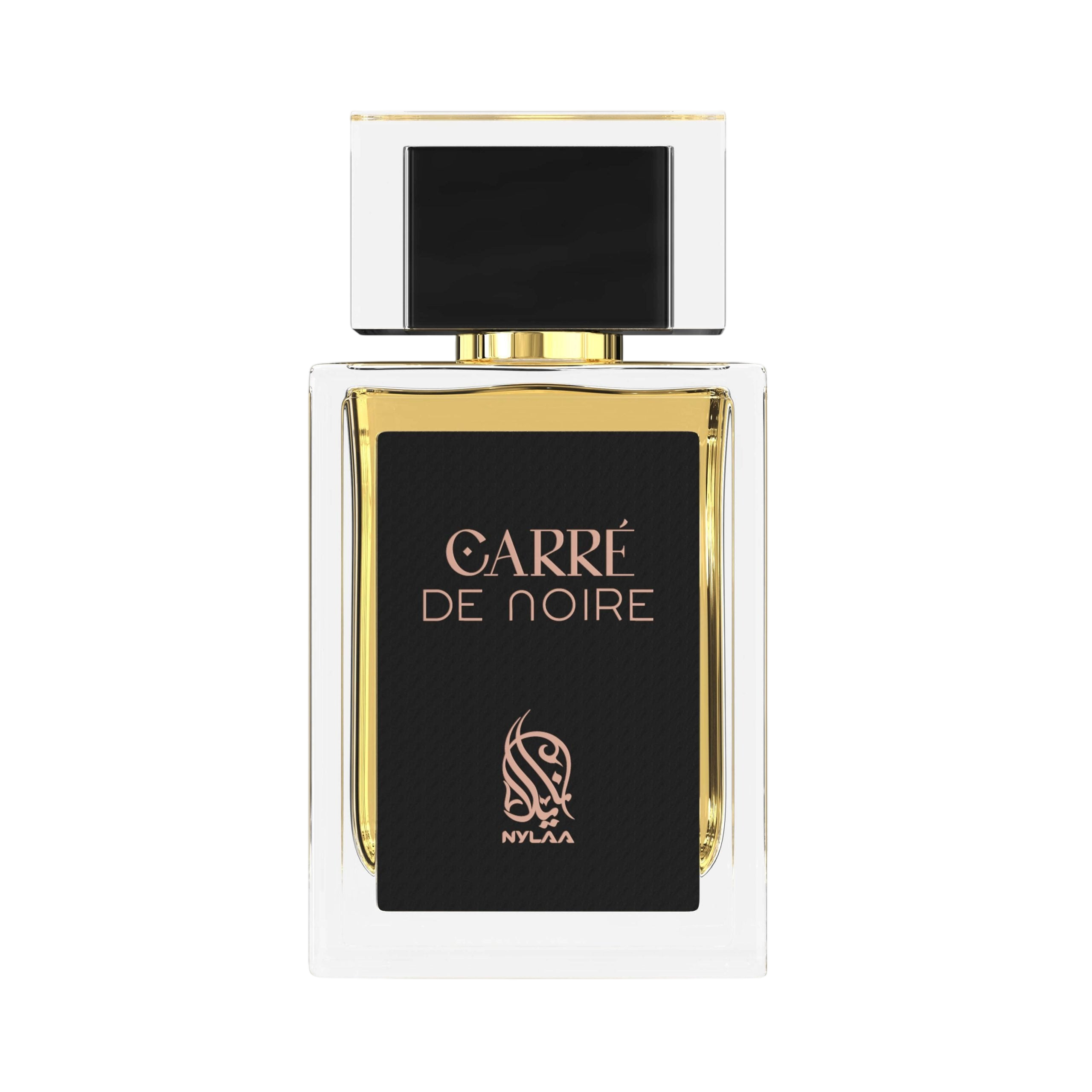 A black & golden perfume bottle by Savia Exclusive with white background