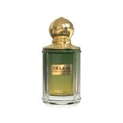A green perfume bottle by Savia Exclusive with a golden cap & white background