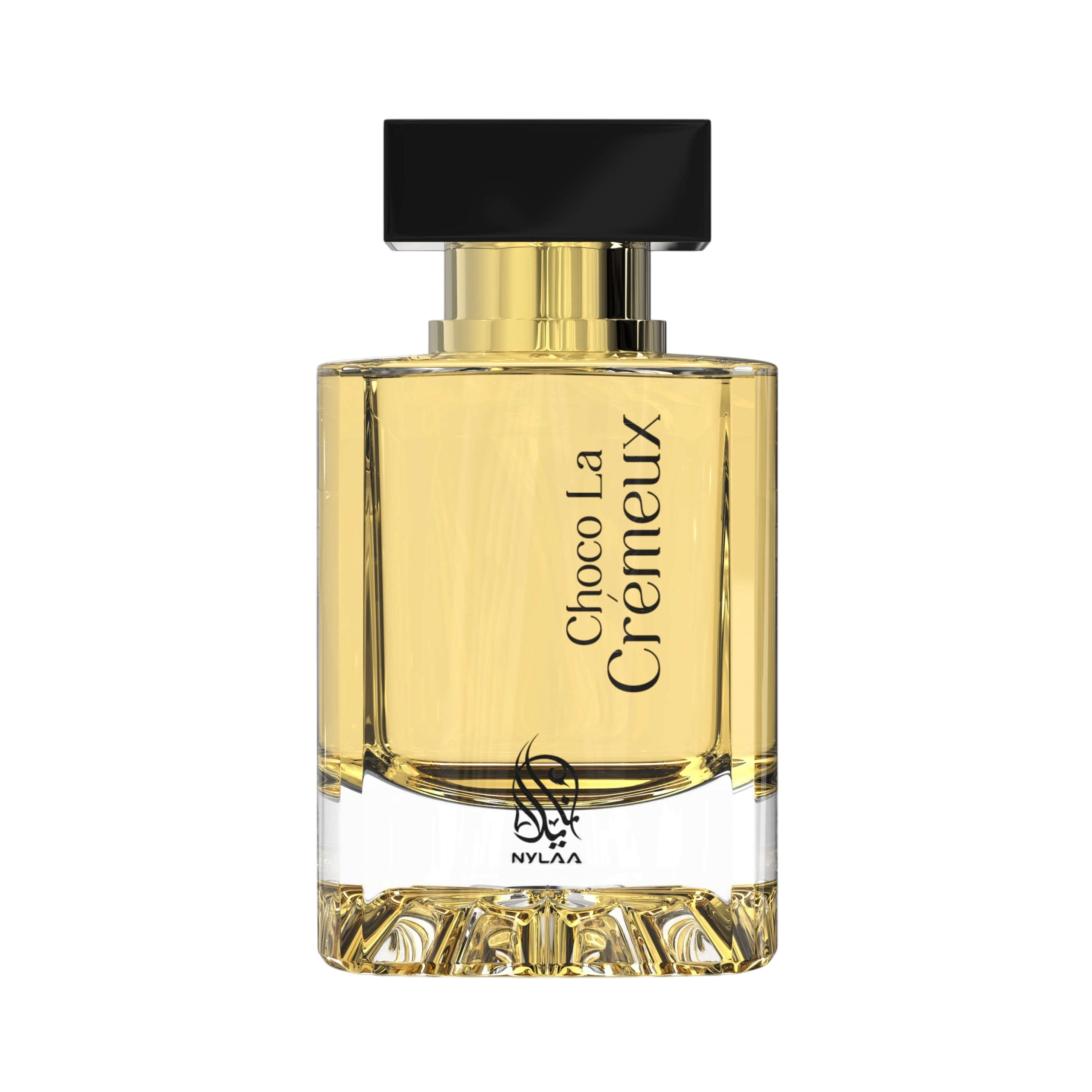 A transparent light gold perfume bottle by Savia Exclusive with white background