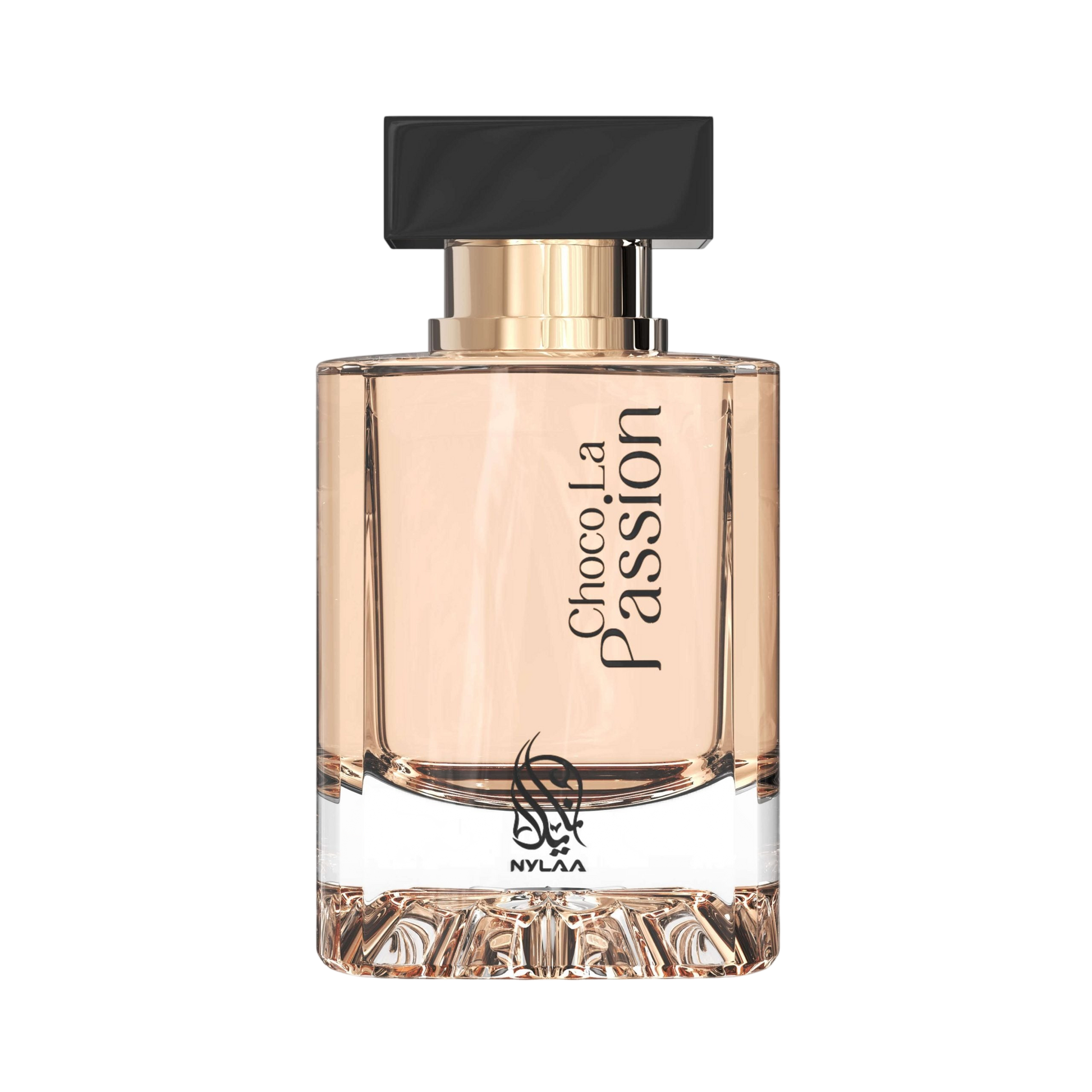 A light pink perfume bottle by Savia Exclusive with a black cap & white background