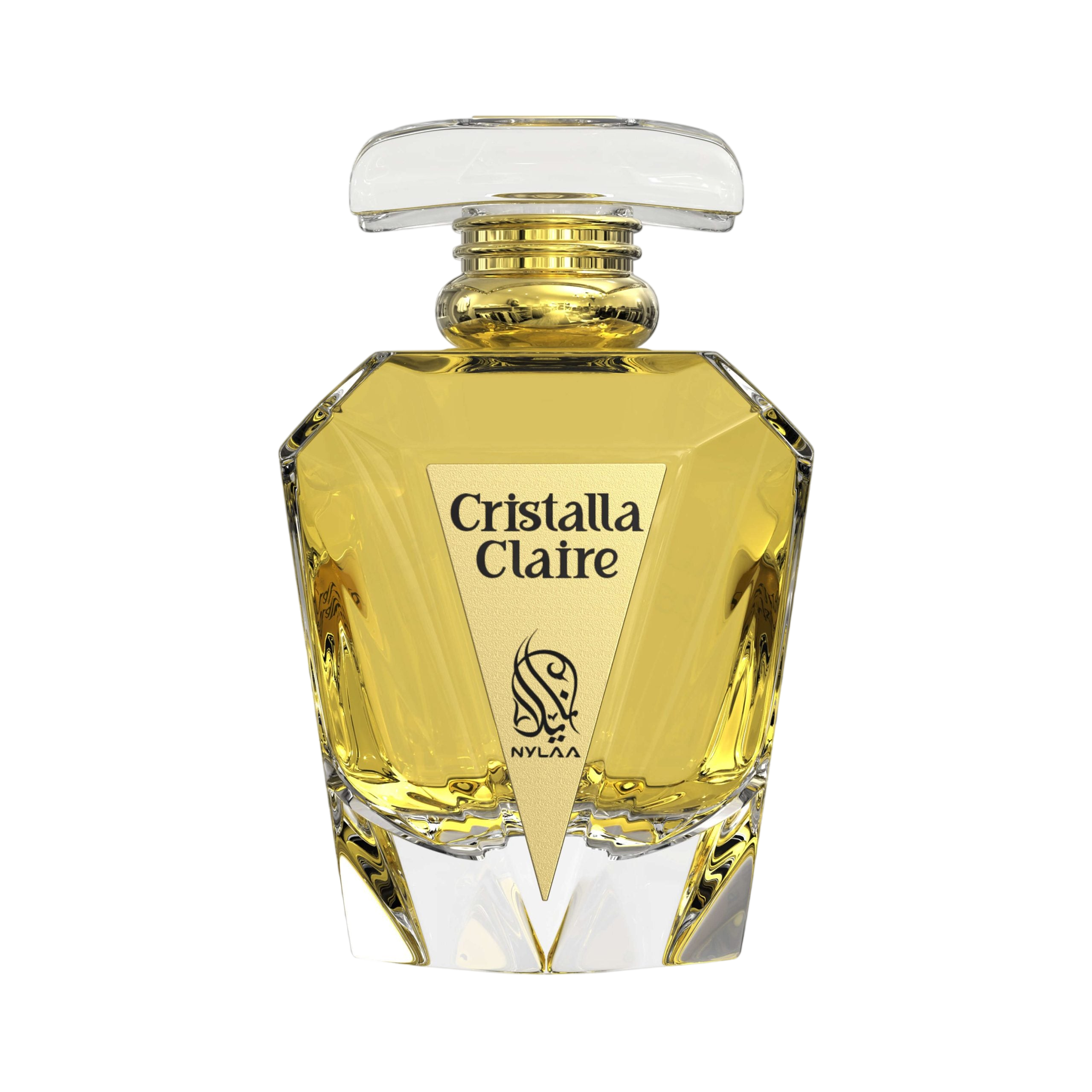 A light golden perfume bottle by Savia Exclusive with white background
