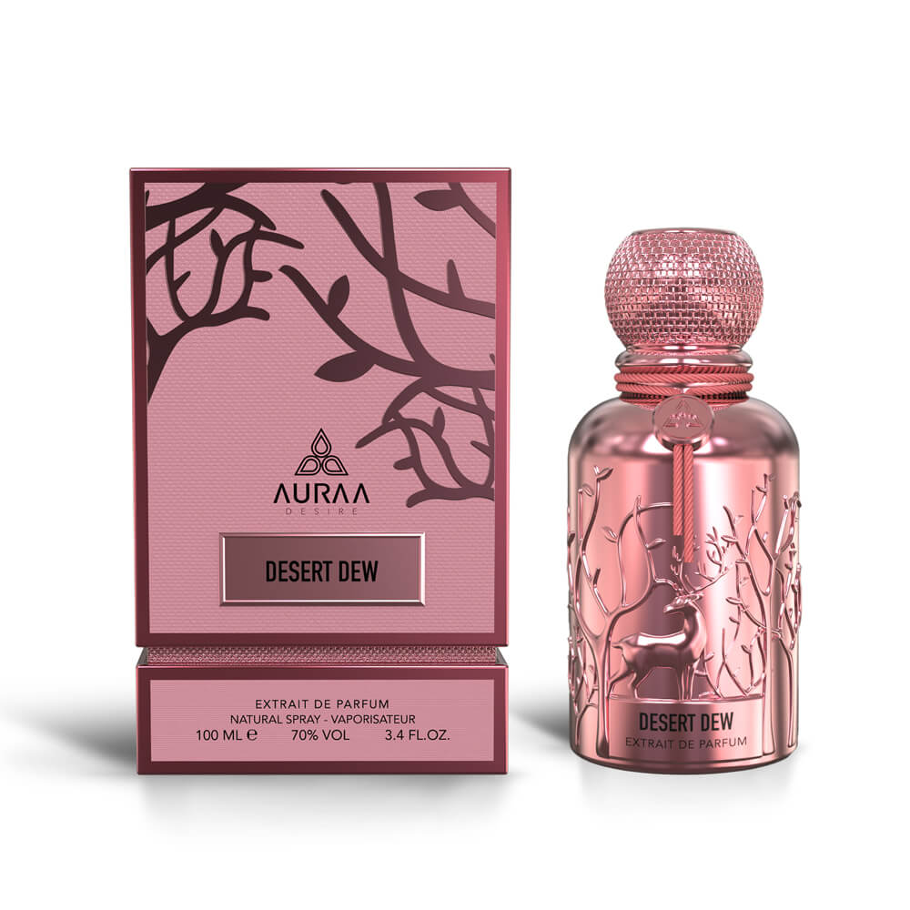 A pink oud inspired perfume bottle with box from Auraa Desire by Savia Exclusive