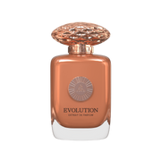A peach & golden perfume bottle by Savia Exclusive with white background