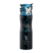 A black & blue body spray bottle with white background by Savia Exclusive