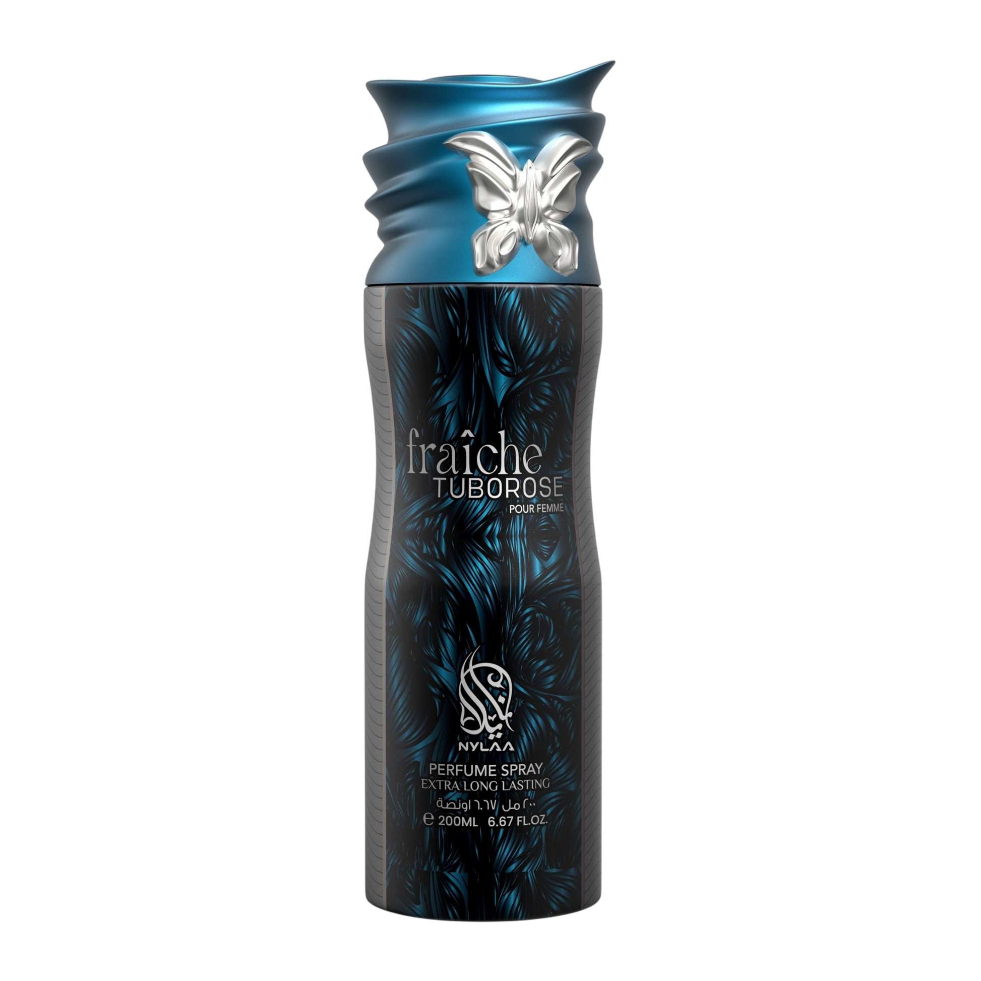 A black & blue body spray bottle with white background by Savia Exclusive