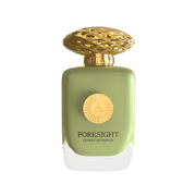 A light green & golden perfume bottle by Savia Exclusive with white background