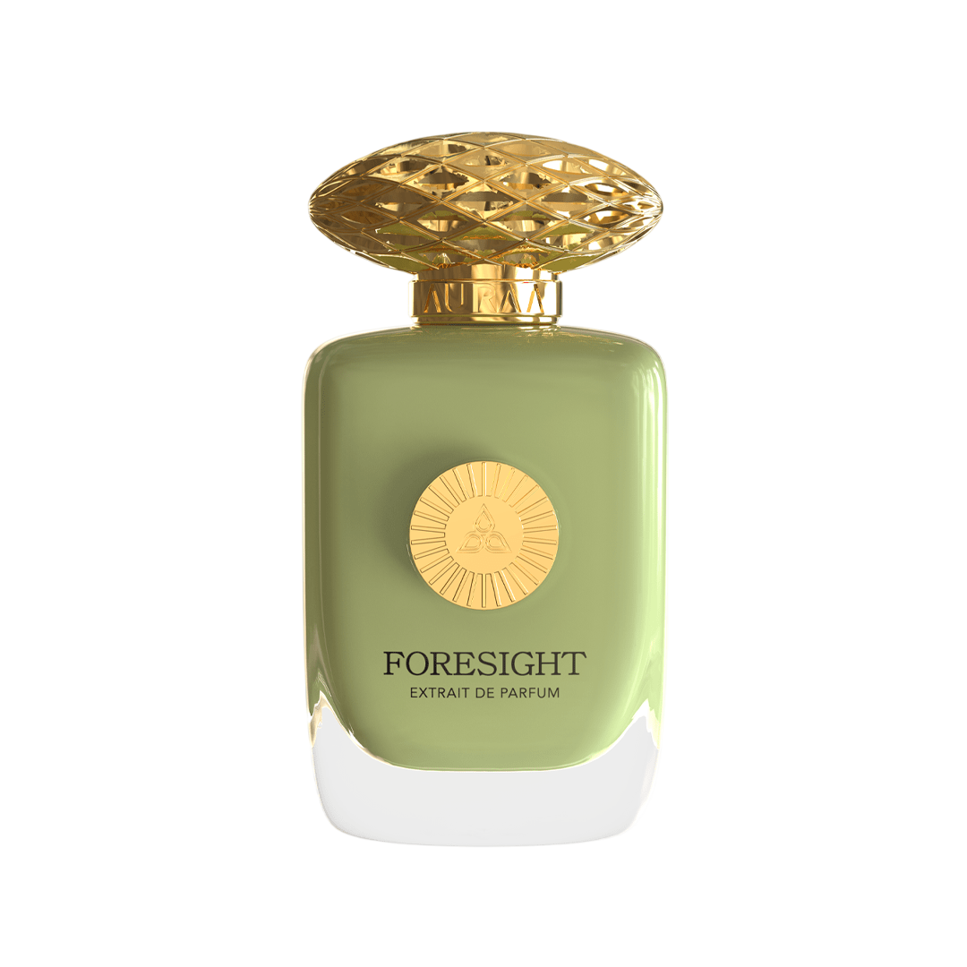 A light green & golden perfume bottle by Savia Exclusive with white background