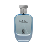 A light blue transparent perfume bottle by Savia Exclusive with white background