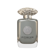 A gray & silver perfume bottle by Savia Exclusive with white background