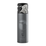A grey & black body spray bottle with white background by Savia Exclusive