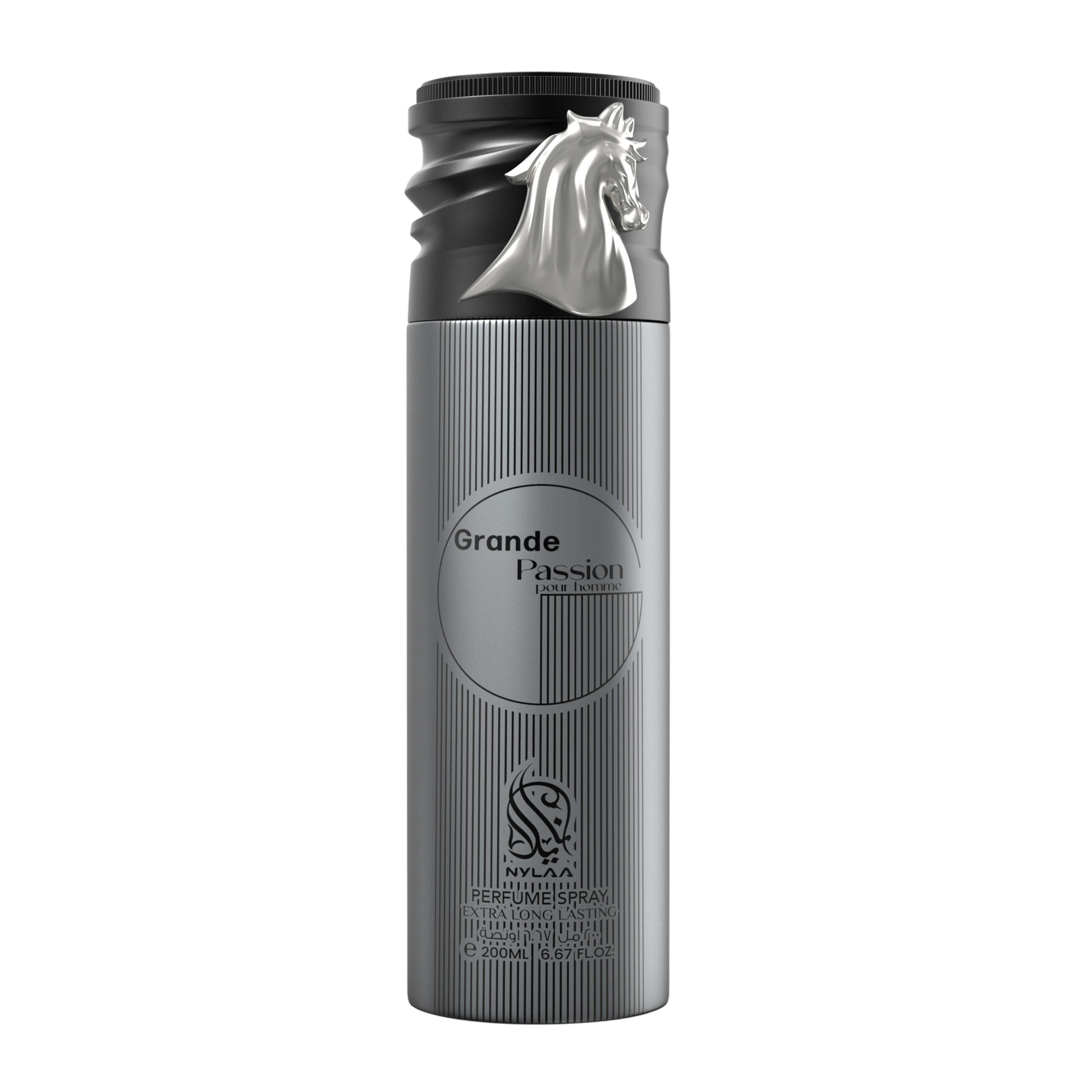 A grey & black body spray bottle with white background by Savia Exclusive