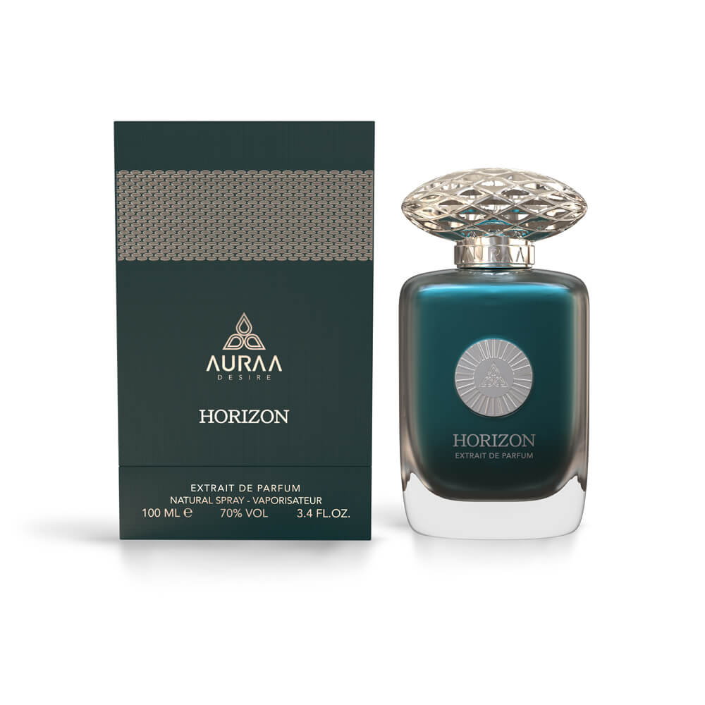 A green perfume bottle with box from Auraa Desire by Savia Exclusive