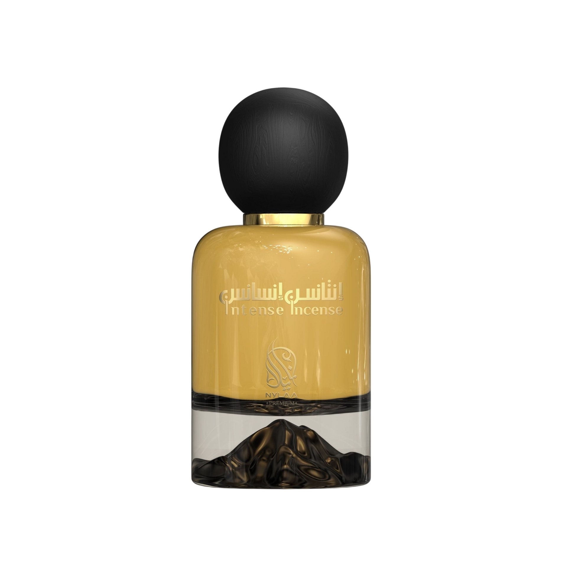 A golden perfume bottle with black round cap from Nylaa by Savia Exclusive