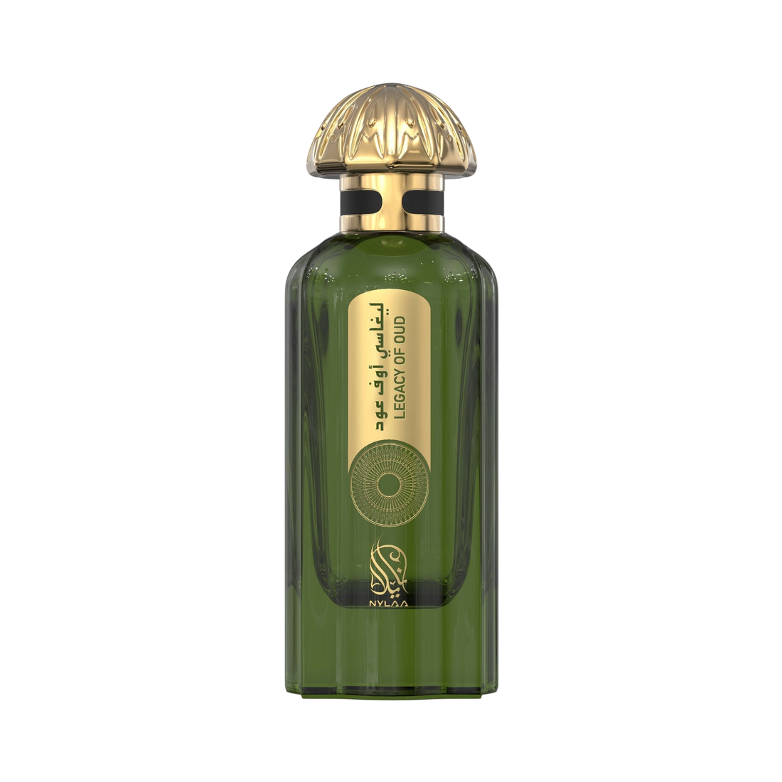 A green & golden perfume bottle by Savia Exclusive with white background