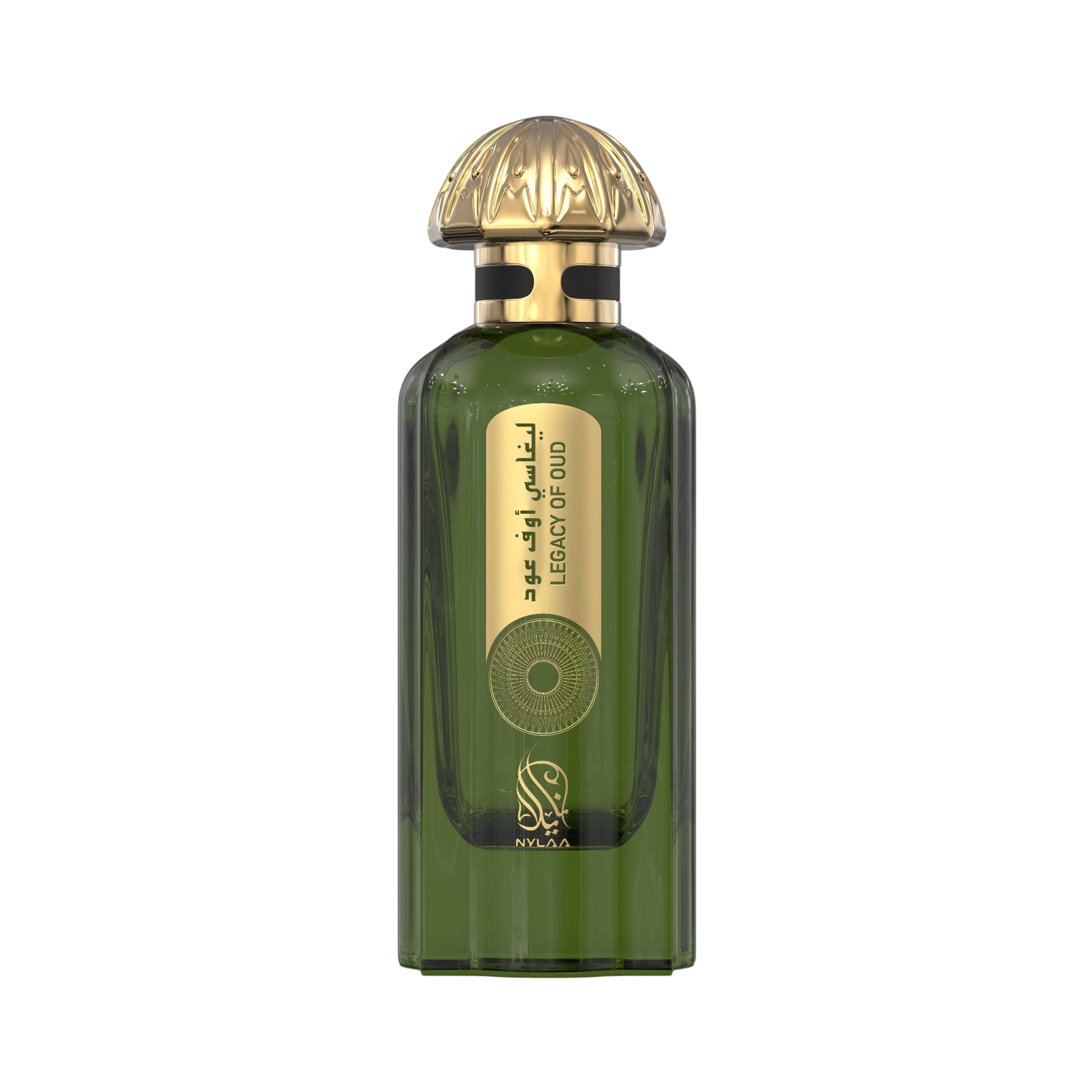 A green & golden perfume bottle by Savia Exclusive with white background