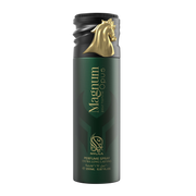 A green body spray with a black cap by Savia Exclusive