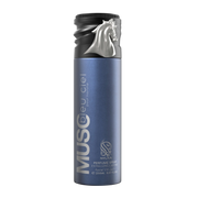 A blue body spray bottle with a black cap by Savia Exclusive
