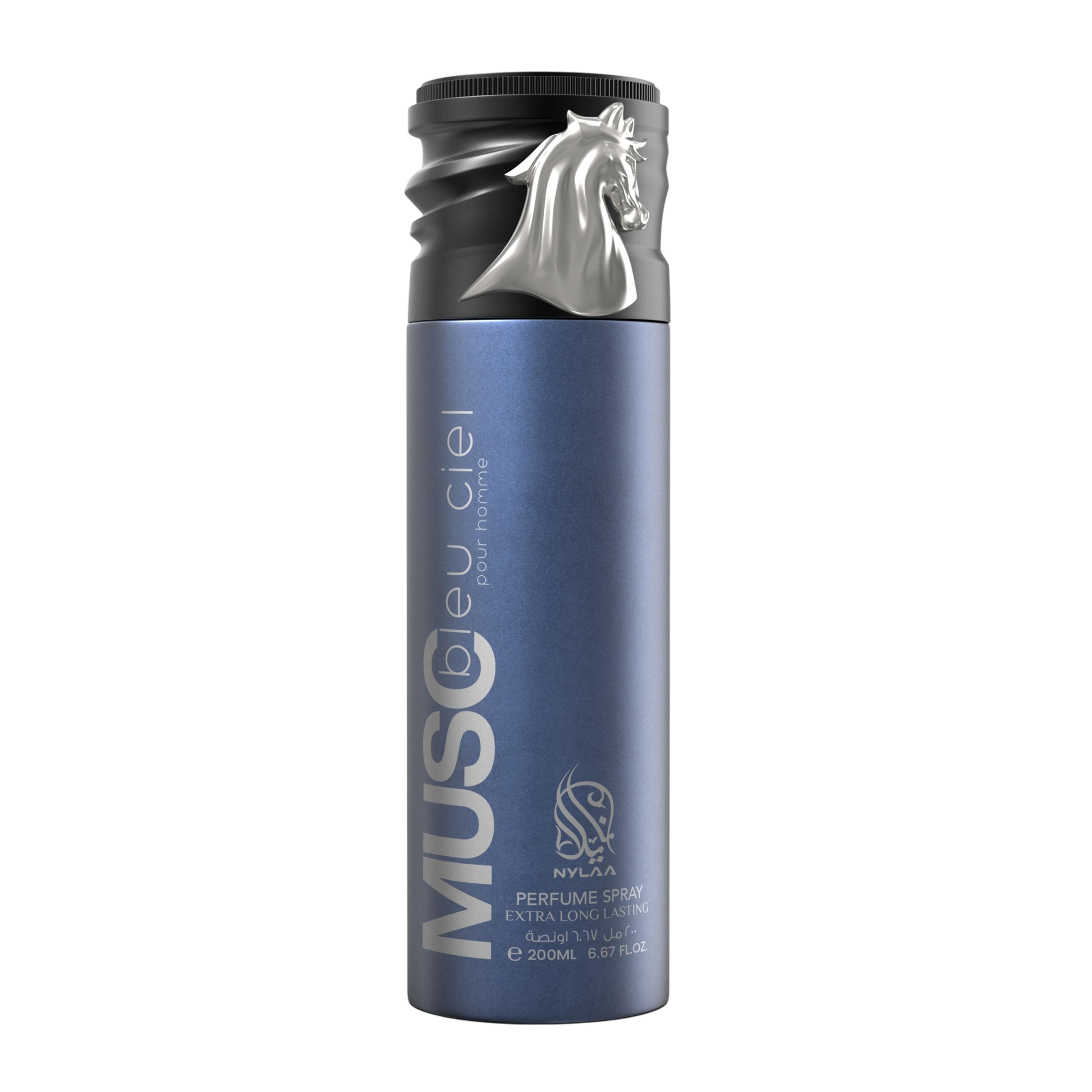 A blue body spray bottle with a black cap by Savia Exclusive