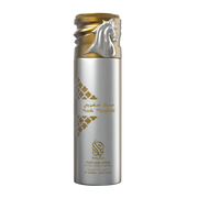 A silver & golden body spray bottle by Savia Exclusive with a golden cap