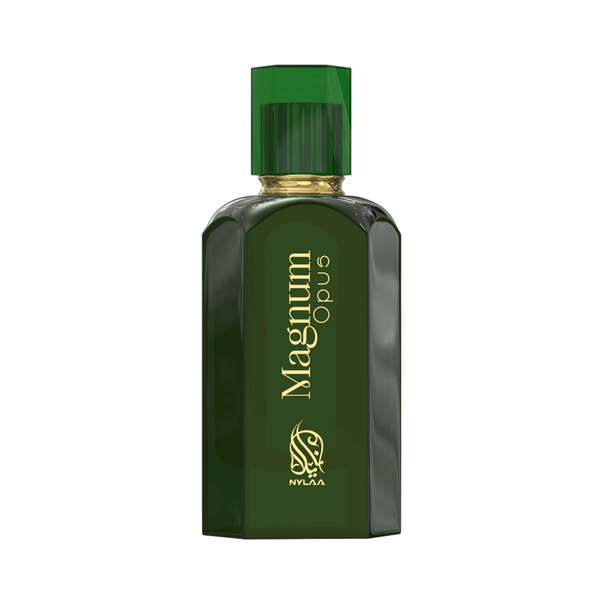 A green perfume bottle by Savia Exclusive with white background