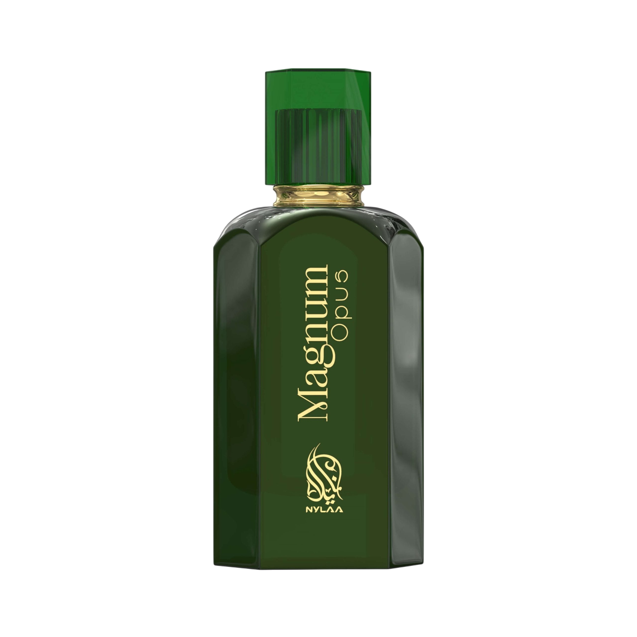 A green perfume bottle by Savia Exclusive with white background