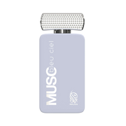 A light blue perfume bottle by Savia Exclusive with a silver cap & white background