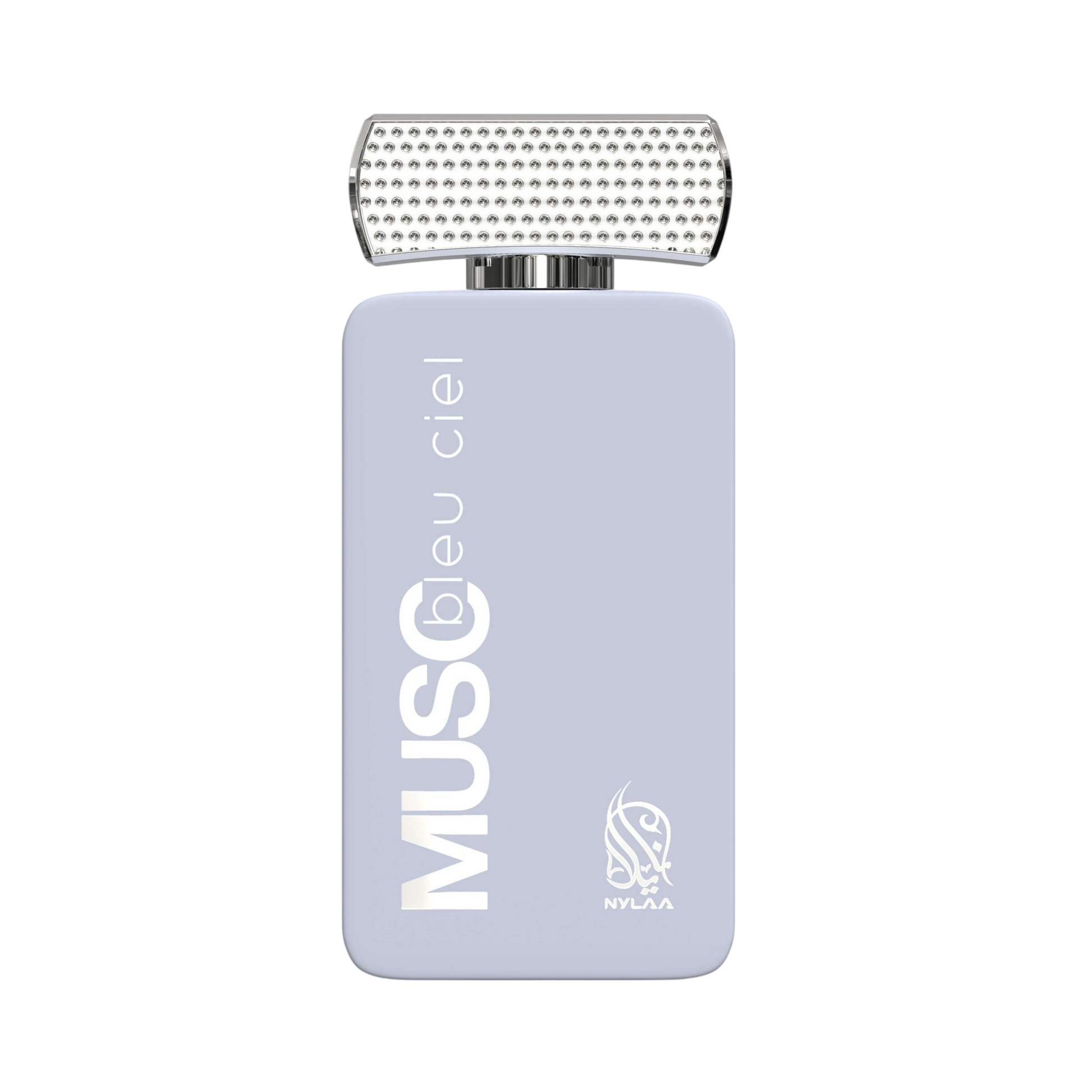 A light blue perfume bottle by Savia Exclusive with a silver cap & white background
