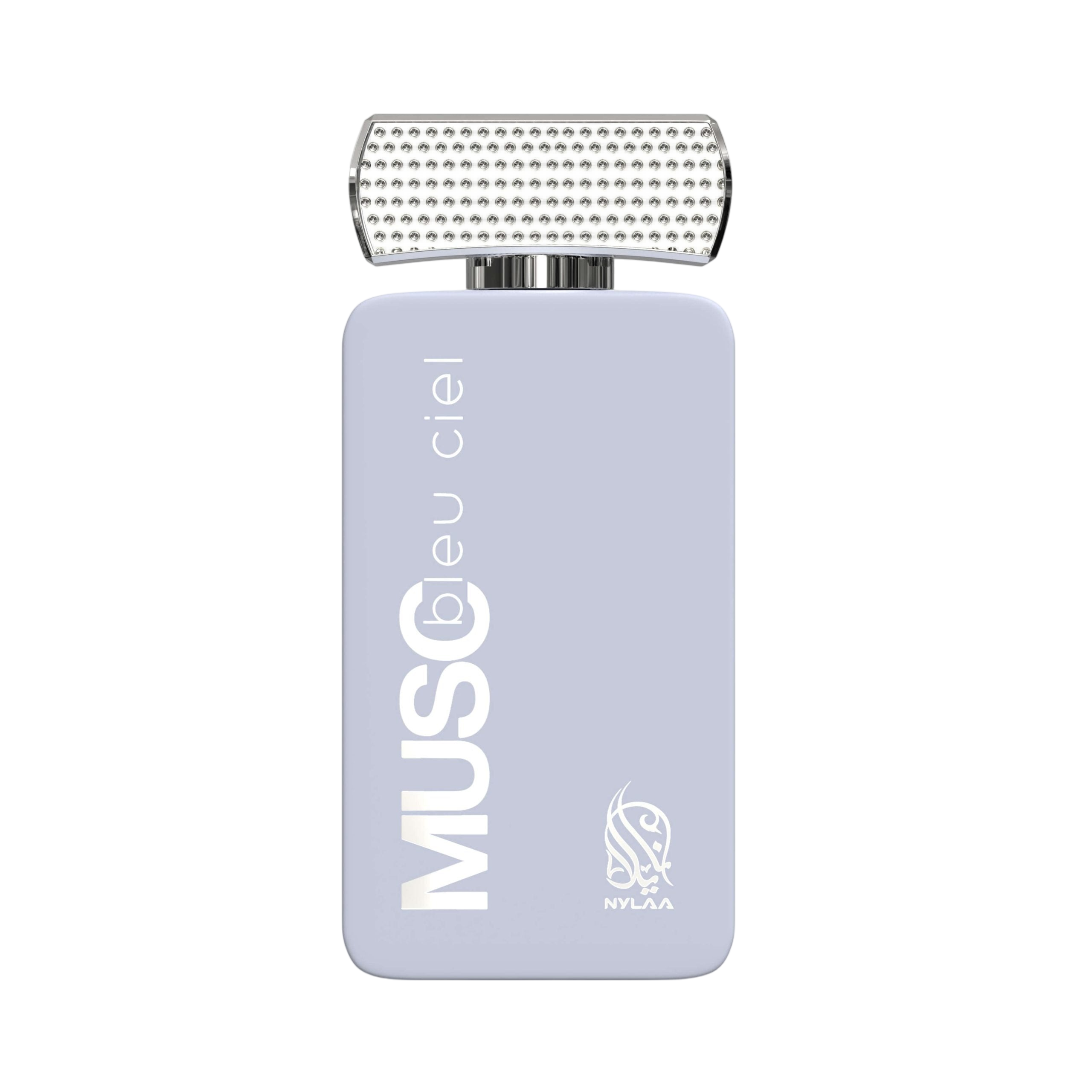 A light blue perfume bottle by Savia Exclusive with a silver cap & white background
