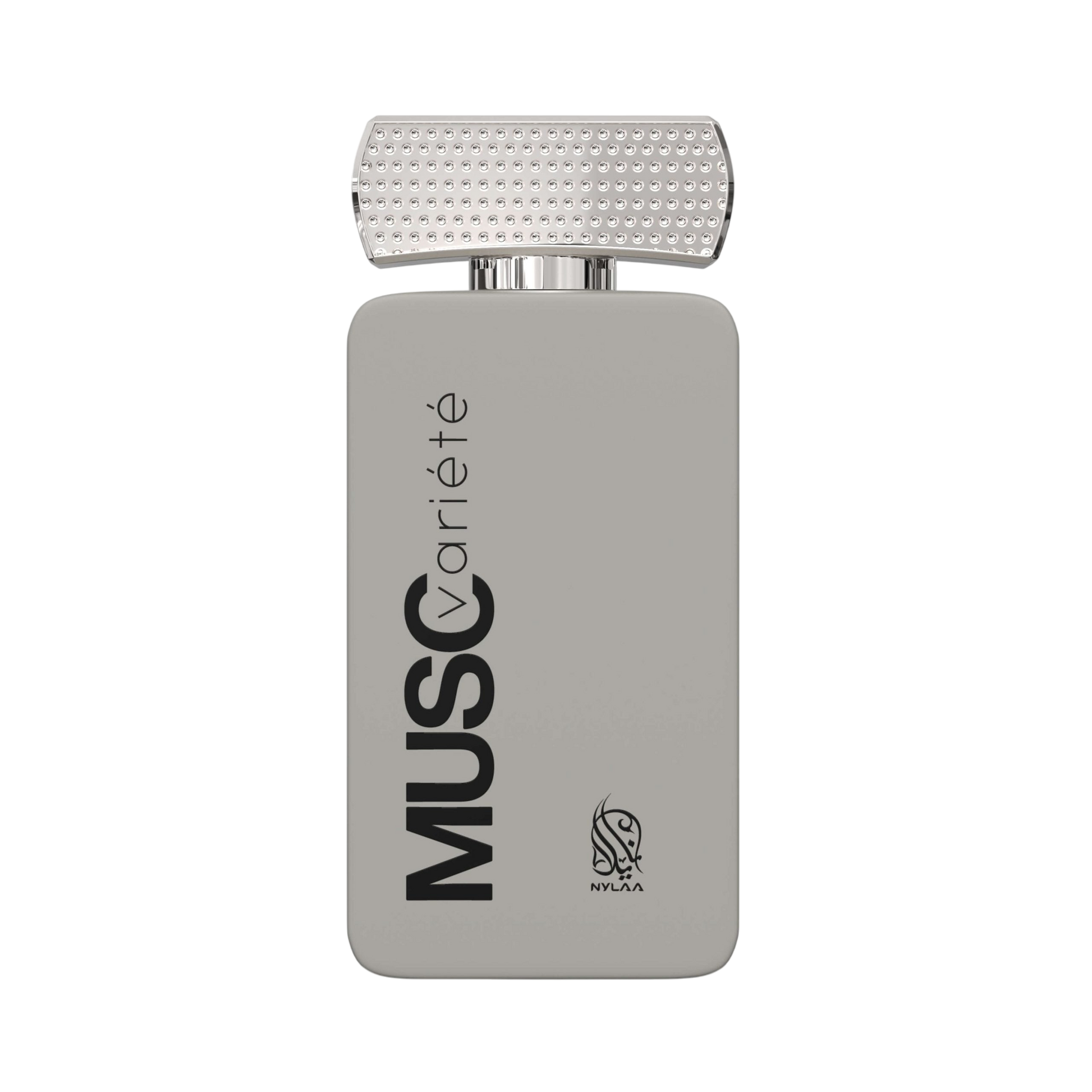 A light gray perfume bottle by Savia Exclusive with white background