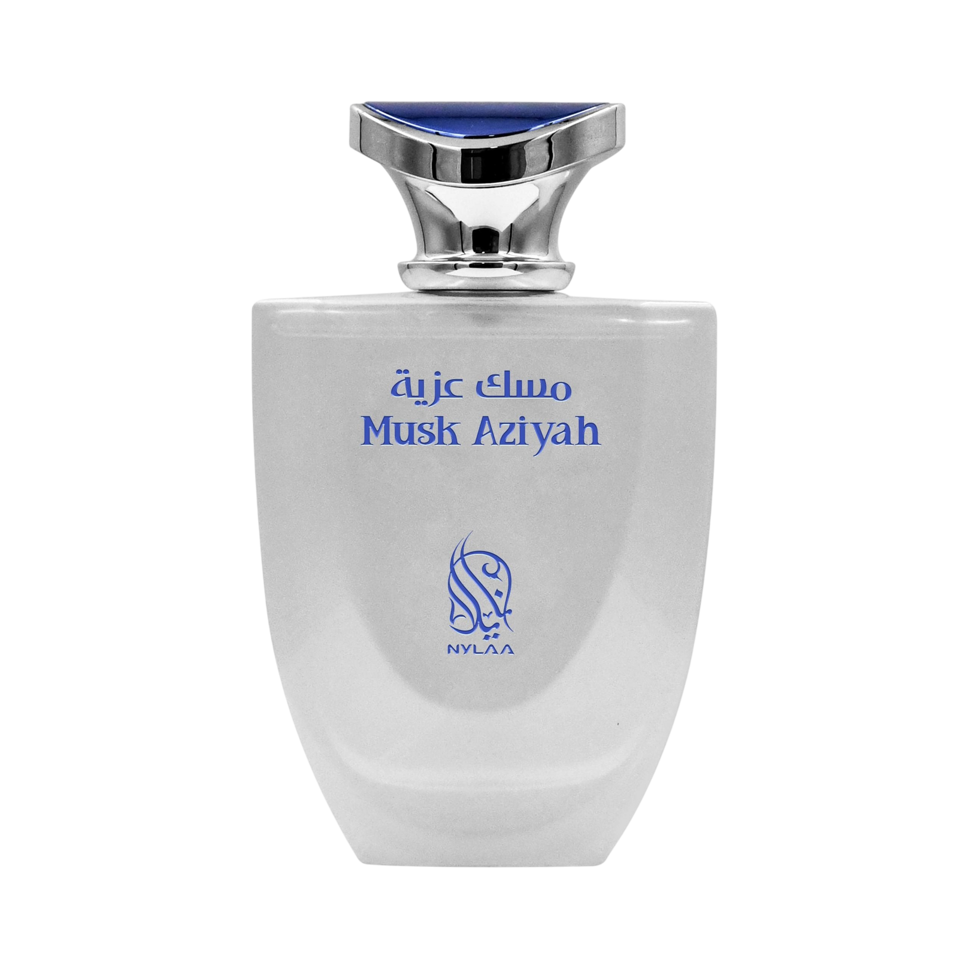 A white & blue perfume bottle by Savia Exclusive with white background