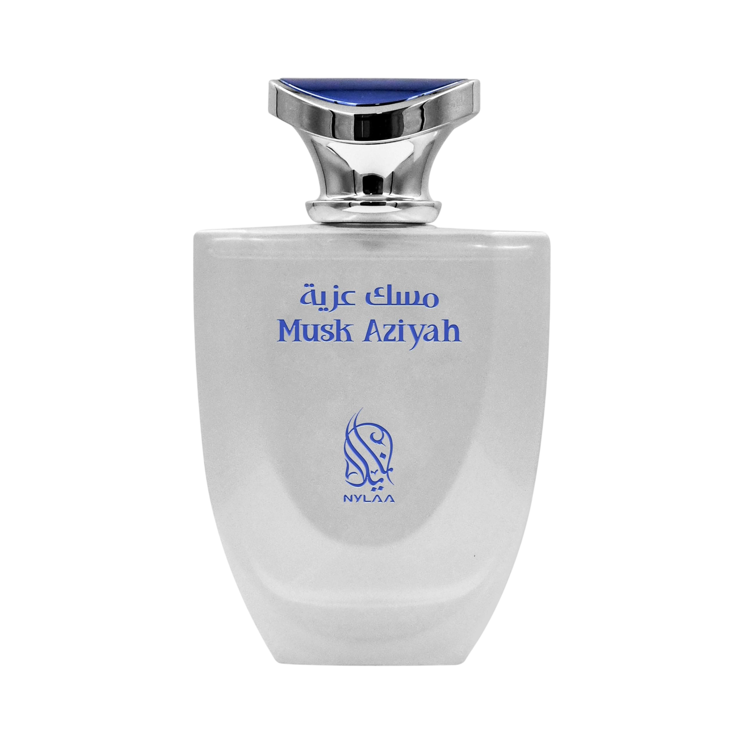 A white & blue perfume bottle by Savia Exclusive with white background