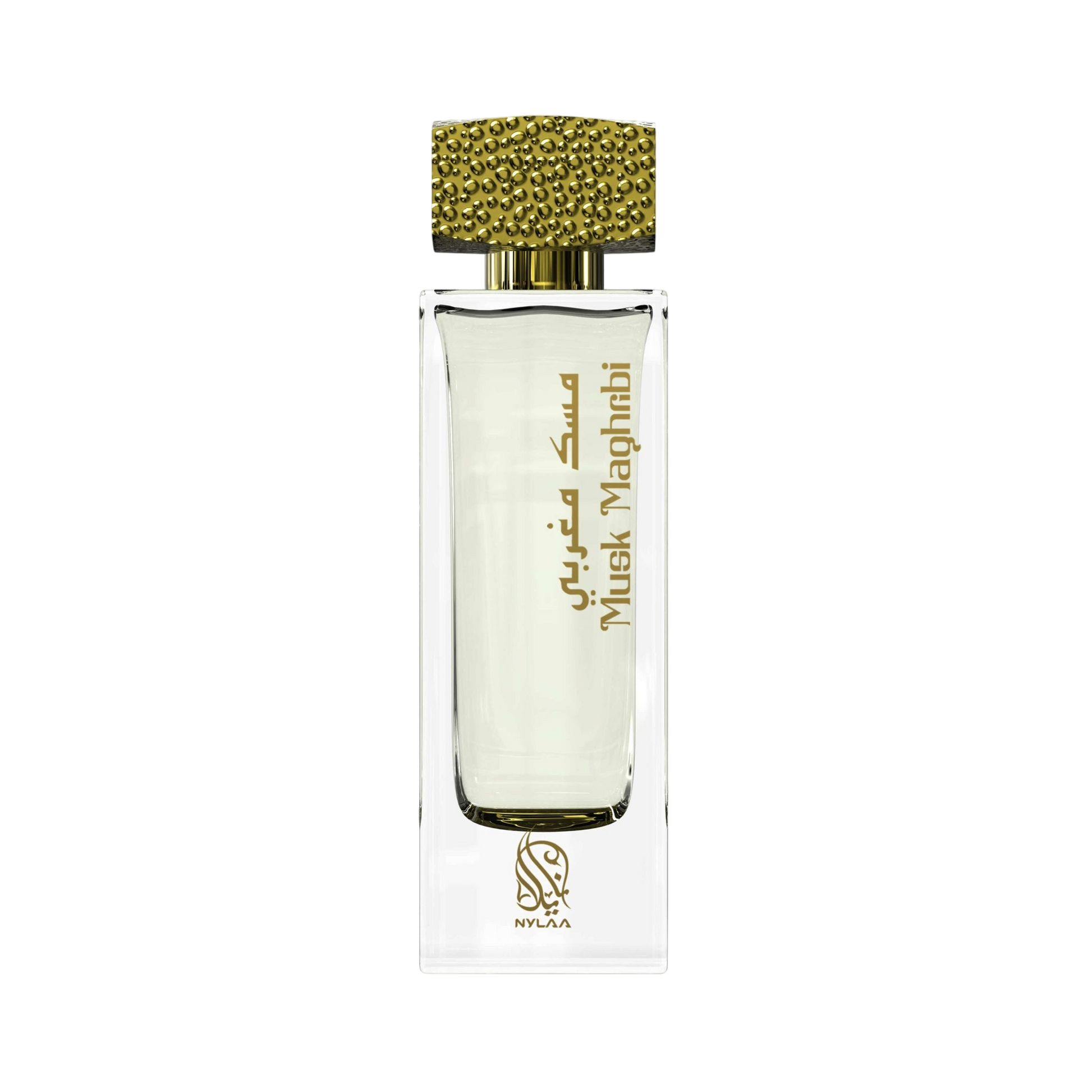 A transparent white perfume bottle by Savia Exclusive with a golden cap